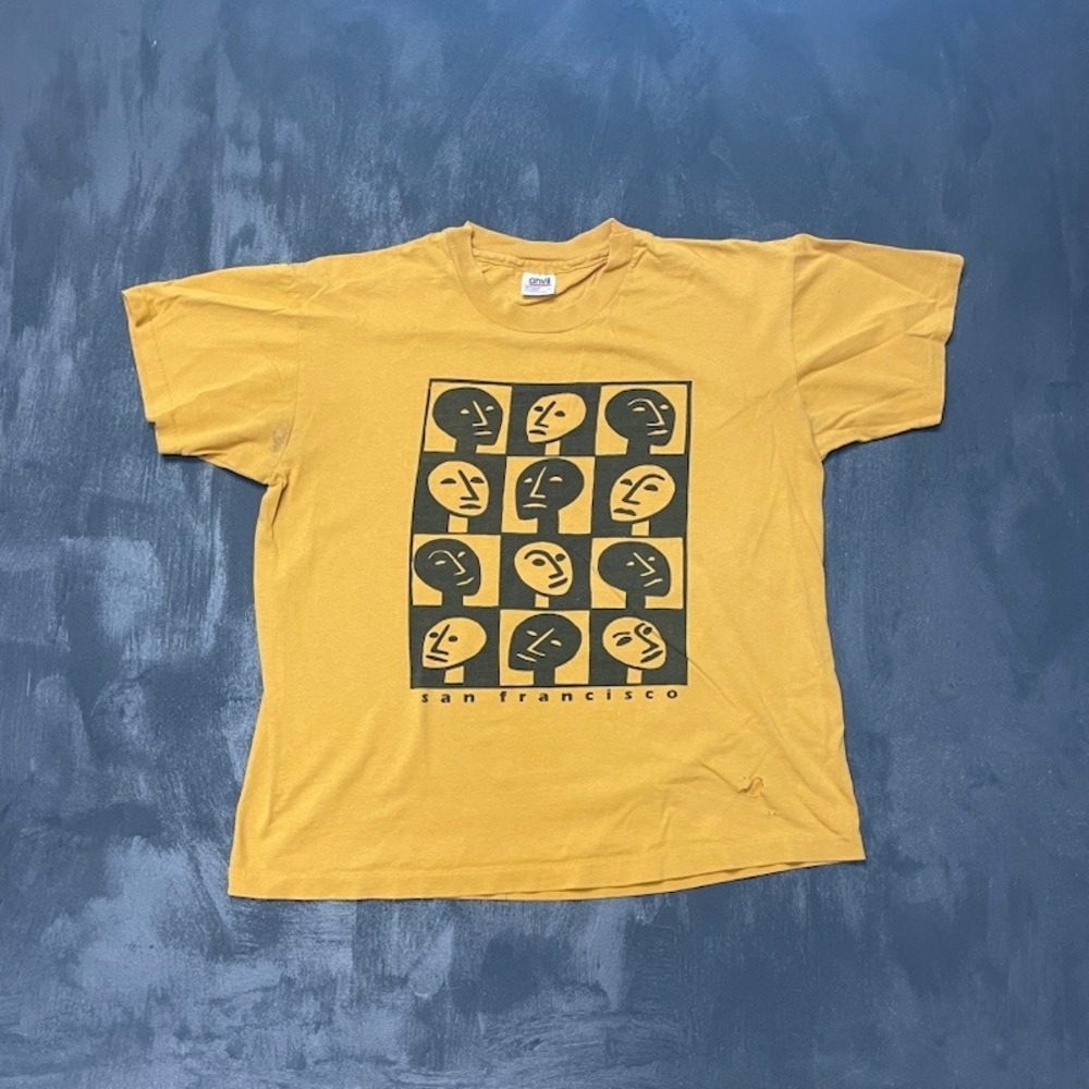 Vintage Abstract Faces San Francisco T-Shirt Mens L Yellow 1990s Anvil